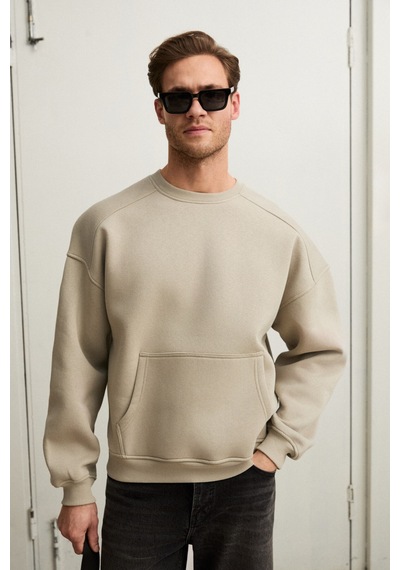Grimelange Coyotes Erkek Bisiklet Yaka Kangru Cepli Organik Pamuk Regular Fit Açık Haki Sweatshirt Açık Haki