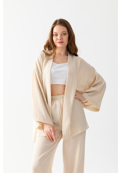 Zen Elegance Kadın Kimono Takım - Geniş Paça Keten Dokulu Alt Üst Yazlık Kadın Takım Bej Zen Elegance Kadın Kimono Takım - Geniş Paça Keten Dokulu Alt Üst Yazlık Kadın Takım Bej