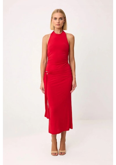 Benerly Kadın Halter Yaka Bodycon Midi Elbise %100 Polyester Kolsuz Astar Kırmızı