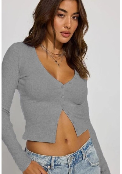 Seeh Gri V Yaka Önü Düğmeli Kadın Body Sh219