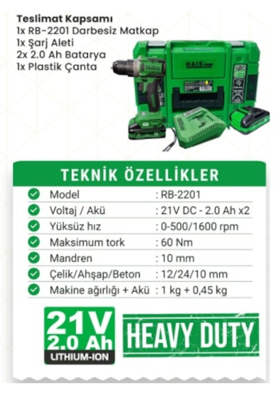Hais Pro RB-2201 21V DC 2AH X2 Darbesiz Matkap
