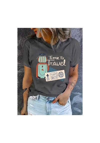 Kadın Time To Travel Baskılı %100 Pamuklu T-shirt Gri