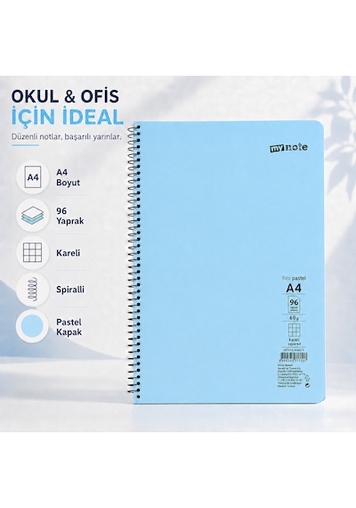 Mynote Flex Pastel A4 96 Yaprak 60 Gr Spiralli Kareli Defter Mavi