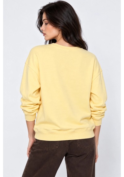 Mevese Kadın Taş İşlemeli Fiyonk Baskı Oversize Üç İplik Rahat Kesim Sweatshirt -sarı