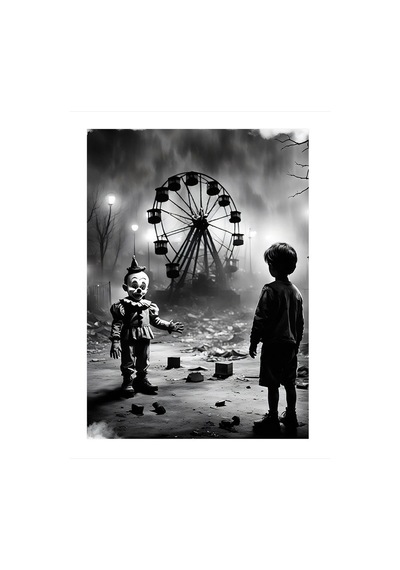 Korkunç Palyaço Ve Yıkık Lunapark Dekoratif Mdf Tablo 35cm X50cm
