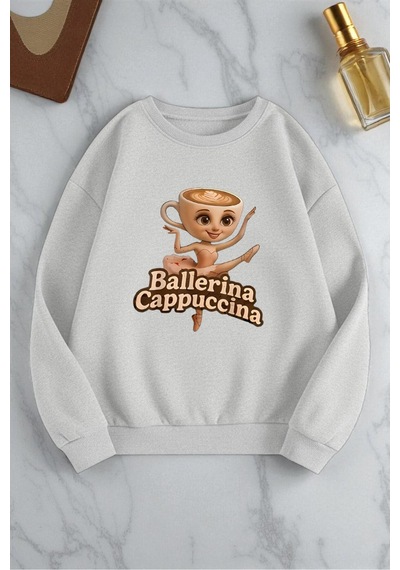 Uyguntarz Unisex Ballerina Cappucina Baskılı Oversize Bisiklet Yaka Sweatshirt Gri