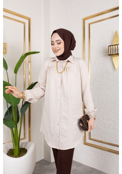 Nevayla Moda Önü Büzgülü Bilek Lastikli Tunik - Bej / Ü104 Bej