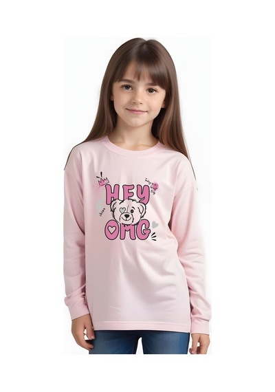 Fyk Kids Kız Çocuk Hey Yazı Baskılı Yuvarlak Yaka Sweatshirt Pembe