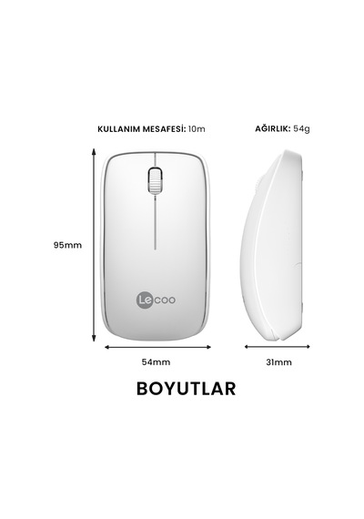 Lecoo WS208 Kablosuz 1200 DPI 3 Tuşlu Sessiz USB Mini Alıcılı Optik Mouse