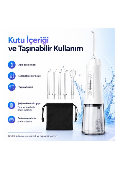 Şarjlı Ağız Duşu 320 Ml Su Hazneli 4 Modlu 20-140 Psı 1500 Mah Type-c Ipx7 5 Başlıklı Taşınabilir Ağız Bakım Cihazı