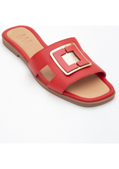 Luvishoes Luvi Shoes Millie Kırmızı Hakiki Deri Tokalı Kadın Terlik Kırmızı