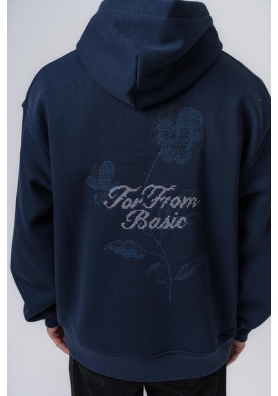 Respire Erkek Far From Basic Nakışlı Kapüşonlu Oversize Hoodie Lacivert