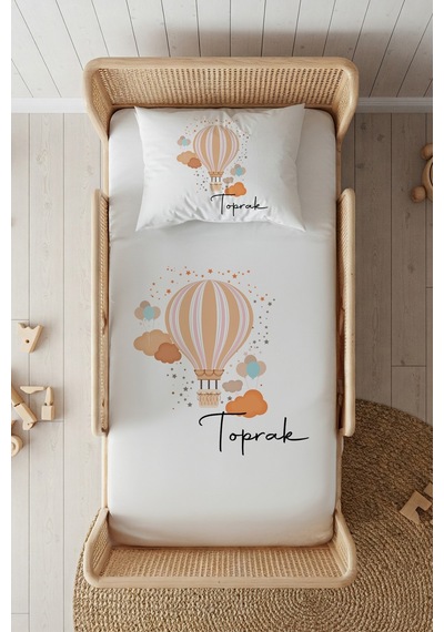 %100 Pamuk Saten İsme Özel İsimli 100x200 Tek Kişilik Lastikli Çarşaf Seti Turuncu Balon Beyaz