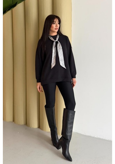 Balenbi Premium Modal Fular Detaylı Bisiklet Yaka Oversize Tunik 1177 Siyah