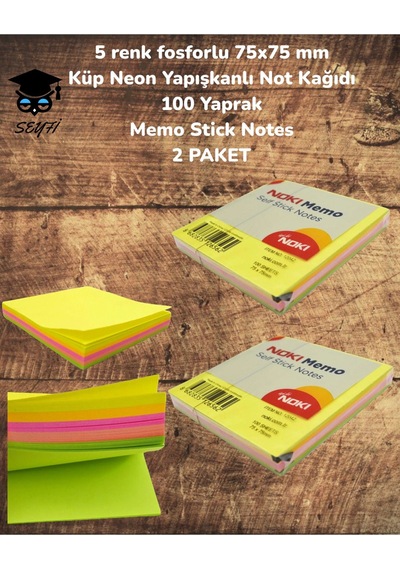 5 Renk Fosforlu 75x75 Mm Küp Neon Yapışkanlı Not Kağıdı 100 Yaprak Memo Stick Notes