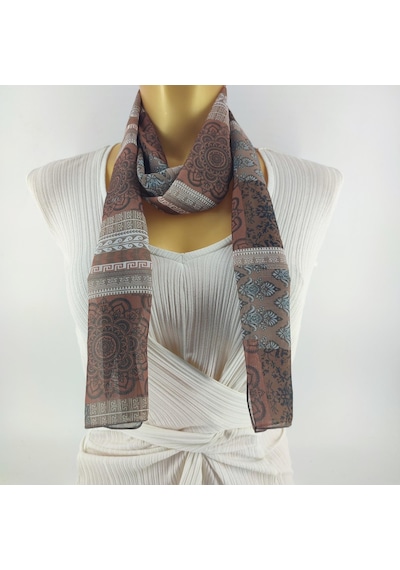 Tedz Collection Paredora Mandala Desenli Kahve Uzun Fular Çok Renkli