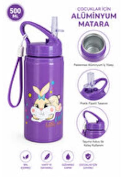 Alüminyum Matara 500 Ml Çocuk Su Matarası Pipetli Sızdırmaz Dayanıklı Taşıma İpli Belkıs Mor