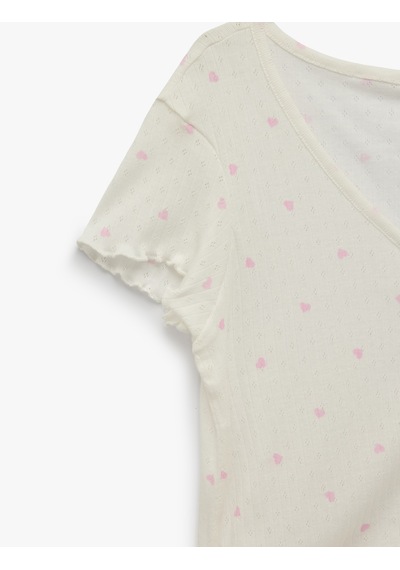 Koton Rahat Kesim Düğmeli V Yaka Kısa Kollu Pijama Takımı Beyaz Desenli 6slk40040mk