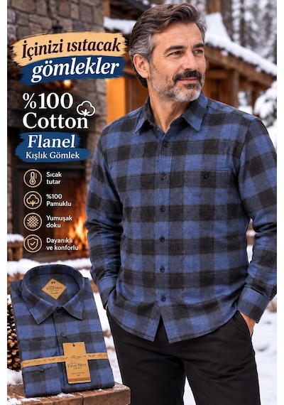 Eren Style Flanel Kışlık Pamuklu Tek Cepli Düğmeli Yaka Gömlek Regular Kalıp Mavi