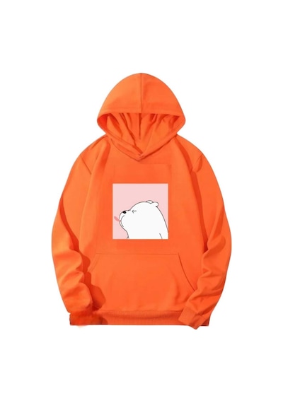 Kozia Outdoors Malkoçbey White Bear Baskılı Kapüsonlu Oversize Unisex Swetşhirt Turuncu Turuncu