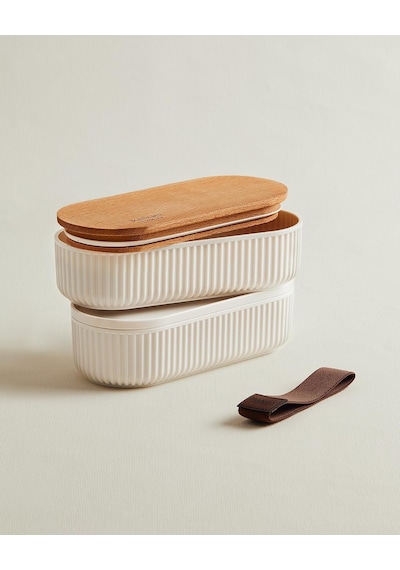 Magou 2'li Ahşap Kapaklı Lunch Box - Soft Ekru - 500x2 Ml