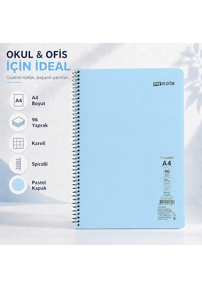 Mynote Flex Pastel A4 96 Yaprak 60 Gr Spiralli Kareli Defter Açık Mavi