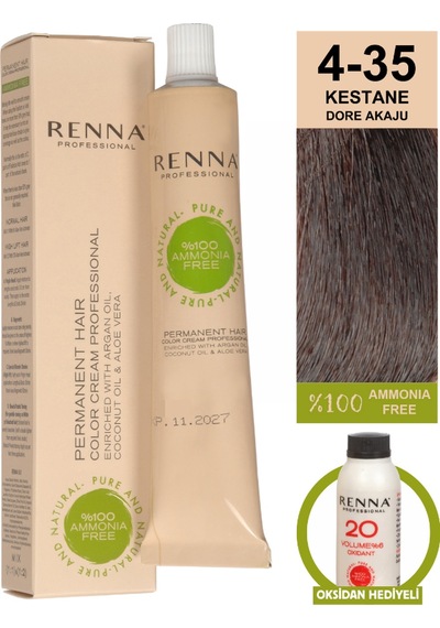 Renna Bitkisel Amonyaksız Saç Boyası 60 Ml 4-35 Kestane Dore Akaju Oksidan Hediyeli