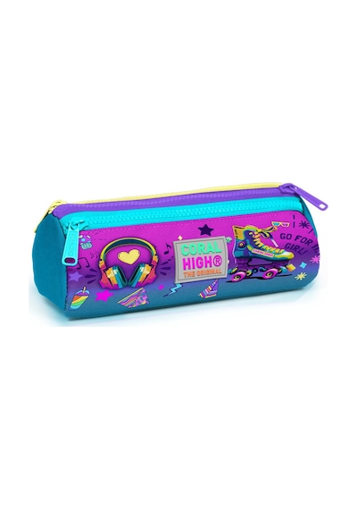Coral High Kids Pembe Turkuaz Kulaklık Paten Desenli Üç Bölmeli Kalem Çantası 22054