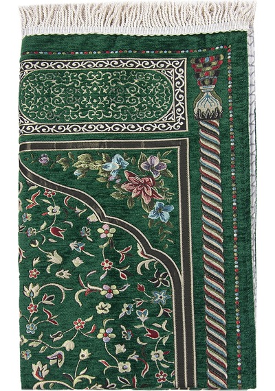 Yeşil Çiçekli Ravza Desenli Astarlı Şönil Seccade 001