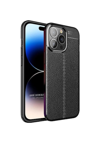 Apple Uyumlu iPhone 15 Pro Deri Desenli Silikon Kılıf - Ultra Darbe Emici Kamera Korumalı Kapak Siyah