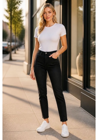 Woddi Btl Kadın Siyah Mom Likralı Jean Kot Pantolon New-4