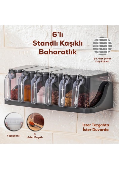 1182 6 Lı Standlı Kendinden Yapışkanlı Kapaklı Kaşıklı Baharatlık Takımı - Baharatlık - Antrasit Çok Renkli