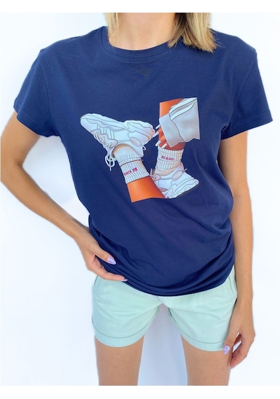 Kadın Baskılı Basic Lacivert Tshirt