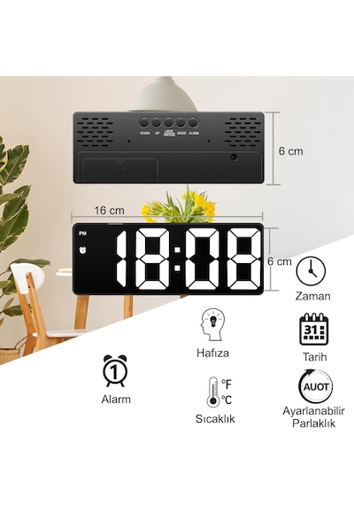 Led Ekran Usb Güç Dijital Aynalı Masa Saati Sıcaklık Alarm Takvim Siyah