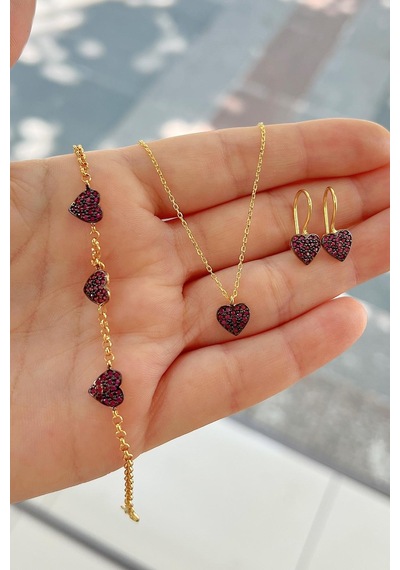 Gümüş Pembe Taşlı Kalp Küpe Kolye Bileklik Çocuk Takım Diğer
