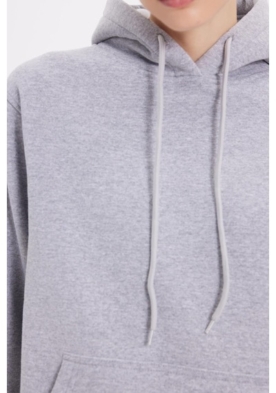 Tudors Kadın Relax Fit Rahat Kesim Pamuklu Kapüşonlu Kanguru Cepli Gri Sweatshirt-39935 Gri