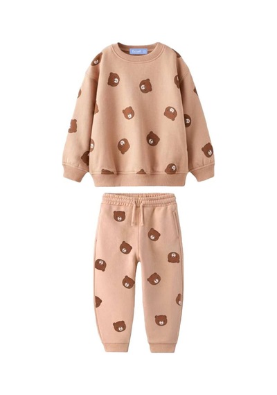 Unisex Çocuk Kahve Tonlu Mini Ayıcık Emoji Baskılı Sweatshirt Eşofman Alt Üst Takım 3 İplik Açık Kahve Açık Kahverengi