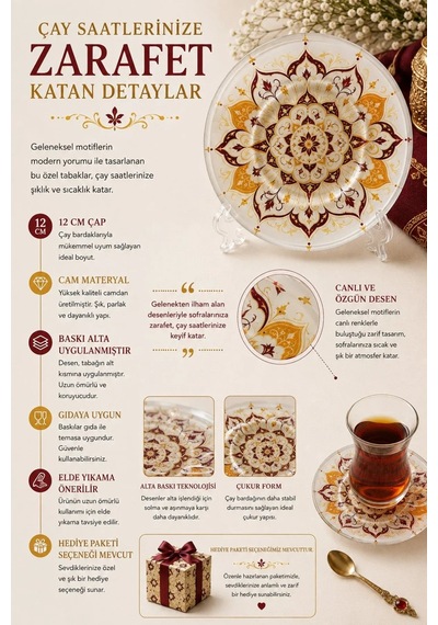6 Lı Cam Çay Tabağı - Bordo Gold Otantik Mandala Desenli 12 Cm - 6 Adet Çay Tabak Turuncu