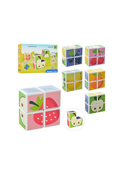 Eğitici Manyetik Bloklar Küpler - Mıknatıslı Zeka Blokları - 4 Parça Meyve Temalı 3 Boyutlu Puzzle