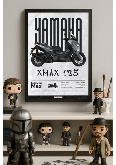 Yamaha X-max 125 Siyah Ahşap Çerçeveli Poster, Dekoratif Motosiklet Duvar Tablosu