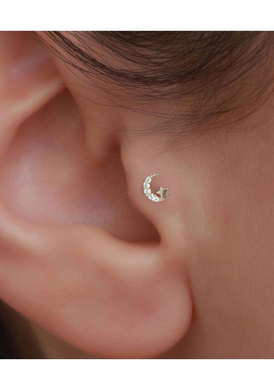 14 Ayar Altın Taşlı Ay Yıldız Tragus Piercing Sarı Altın