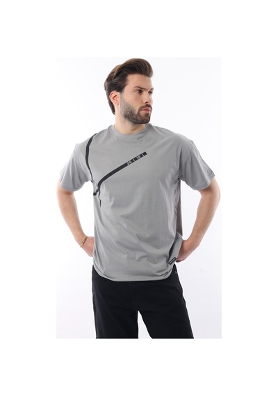 Madmext Boyalı Gri Bisiklet Yaka Şerit Detaylı Pamuklu Erkek T-shirt E7033 Gri