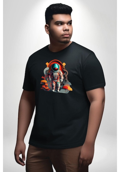 Angemiel Astronot Yapay Zeka Yürüyüş Siyah Büyük Beden Erkek Kadın Unisex Basic Ön Baskılı Tişört Siyah