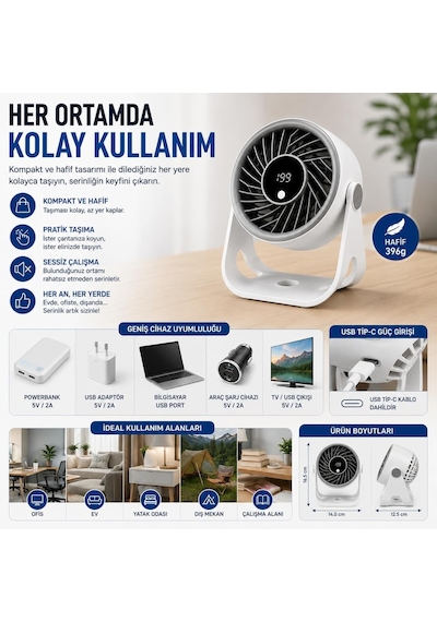 Masaüstü Usb Fan, 200 Kademeli Dijital Hız Ayarlı Mini Vantilatör, Type-c Şarjlı, Led Ekranlı, Sessiz Çalışma