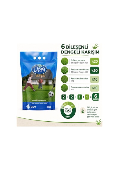 Tr Lippa Lisuna 6 Mix Çim Tohumu, Genel Kullanım Ve Bakımı Zor Alanlar İçin 6 Bileşenli Karışım, 1 Kg 0,250