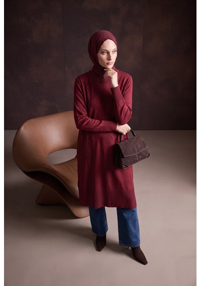 Armine Trend Yaprak Desenli Bisiklet Yaka Uzun Kollu Fitilli Detaylı Tunik Bordo 26ktd408