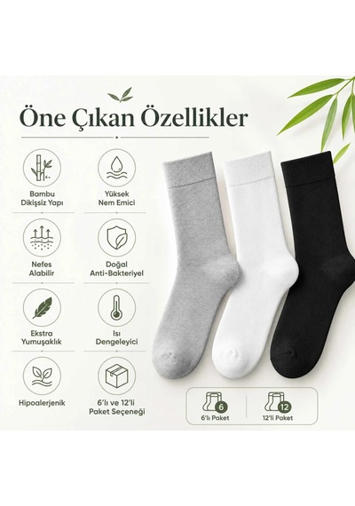 Elitse Kadın Bambu Uzun Çorap 6 Lı Paket, Dikişsiz Burunlu Yumuşak Dokulu Siyah Beyaz Gri Siyah 6 Lı