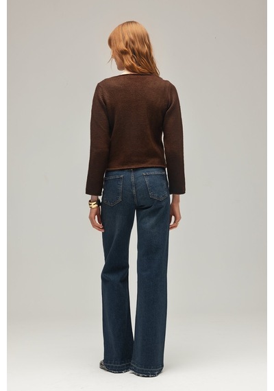 Sââde Kadın Yüksek Bel Wide Leg Jean Pantolon - Paça Detaylı Lacivert