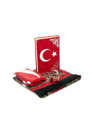 Türk Bayraklı Kuranı Kerim Hediyelik Set Kadife Kutulu, Bayrak, Seccade Ve Tesbih