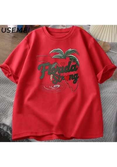 Flood Of Style Florida Strong Graphic T Shirts Cotton Casual Short Sleeve Tshirts Male Printed Graphic Tees Kırmızı